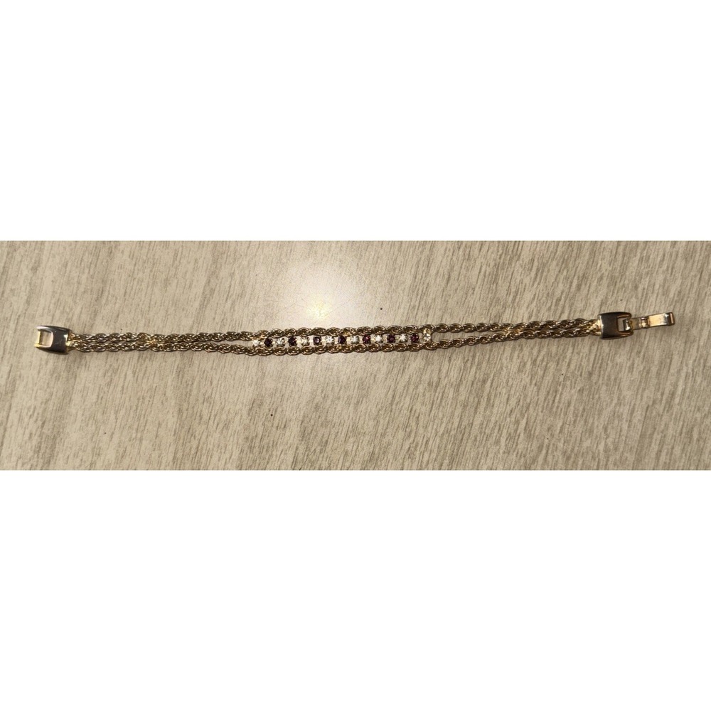 Vintage Gold Chain Link Bracelet Purple Gemstones Center Strip Delicate